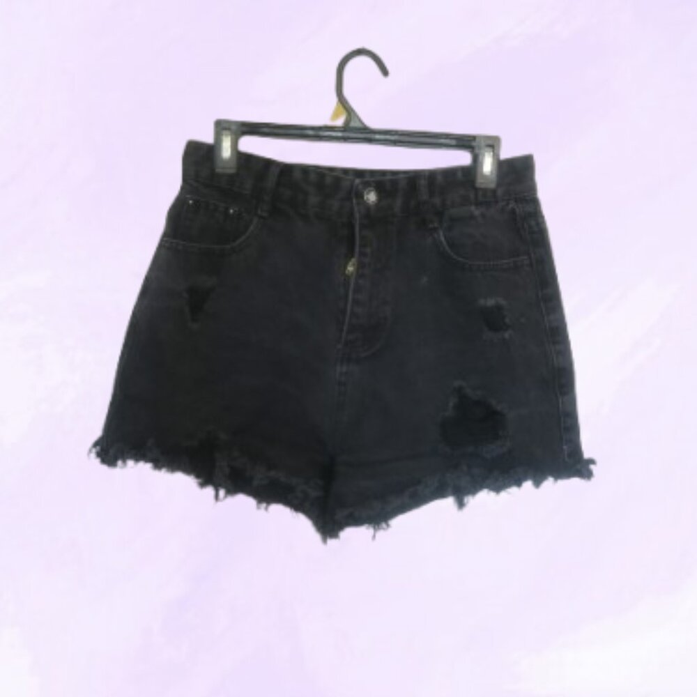 Short denim cut off raw hem jeans summer spring in black size medium.